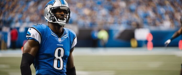 An American football player in a blue uniform with the number 8 on his jersey.