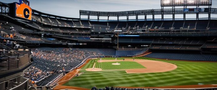 An_empty_baseball_stadium_with_a_green_field_and_a_large_scoreboard An empty baseball stadium with a green field and a large scoreboard.