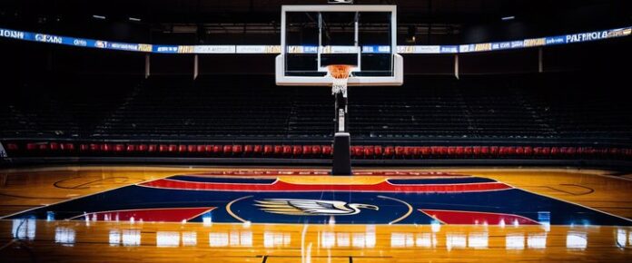 An empty basketball court with a logo on the floor and a hoop.
