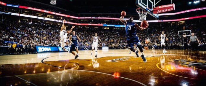 Basketball player dunking ball into hoop during NCAA tournament game.