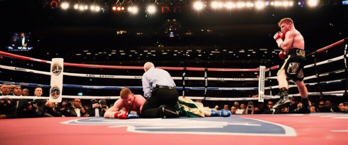Canelo Alvarez throwing a punch in the boxing ring.