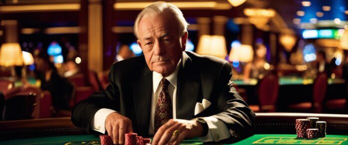 Casino mogul deals cards at a high-stakes poker tournament table.