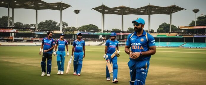 Cricket players in action on the field during a match.