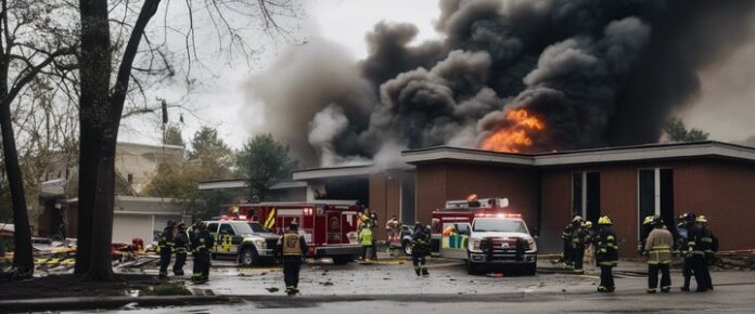 Emergency responders and fire trucks at a large building engulfed in flames.