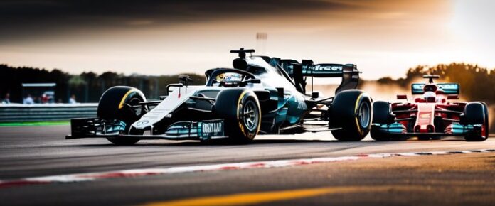 Formula One race cars on a track, with a sunset in the background.