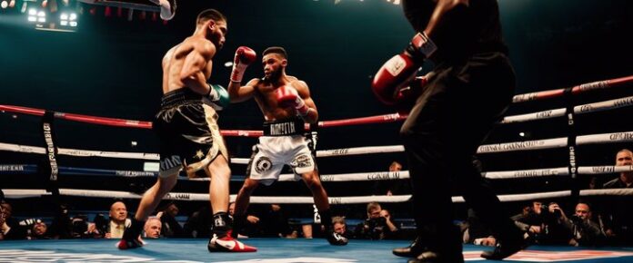 Four boxers in a boxing ring, with spectators in the background.