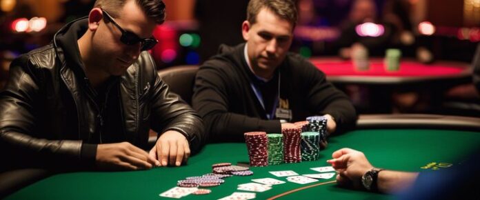Four men seated at a green table, engaged in a game of poker with stacks of poker chips and playing cards.