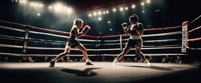 Four women boxers in a boxing ring, wearing black shorts and boxing gloves, in a competitive match.