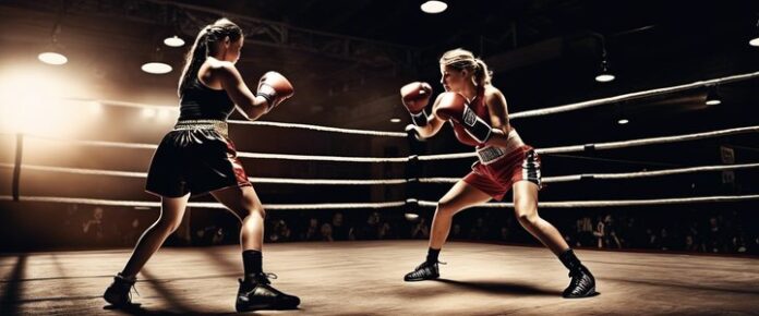 Four women boxers in a boxing ring, wearing boxing gloves and shorts.