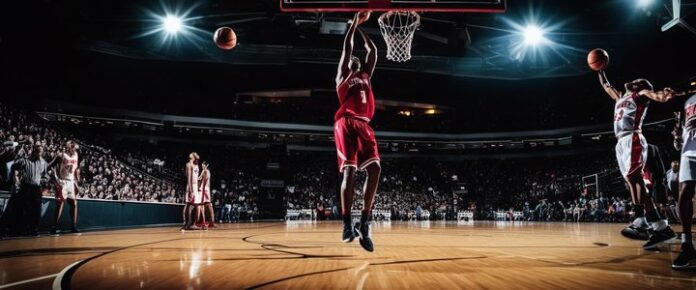 Gordon dunking basketball at the buzzer, beating Clippers players.