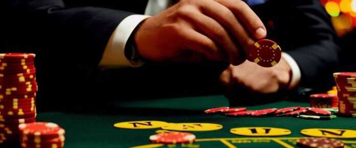 Man holding old casino chips at a poker table.