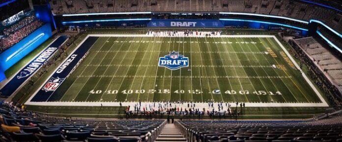 NFL_team_reporters_gathered_around_a_table_making_mock_draft_picks NFL team reporters gathered around a table making mock draft picks.