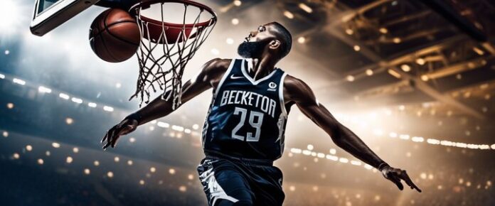 Player dunking ball into hoop with one hand.