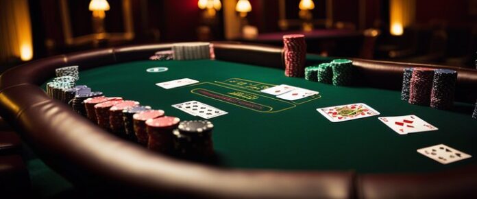 Poker player concentrating at a tournament table with cards and chips.