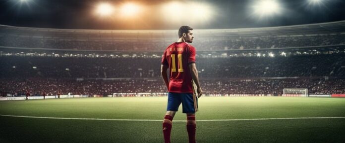 Poker player holding cards at a tournament table.