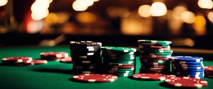 Poker player holding chips at a crowded tournament table.