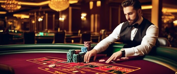 Poker player placing bet at a casino table.