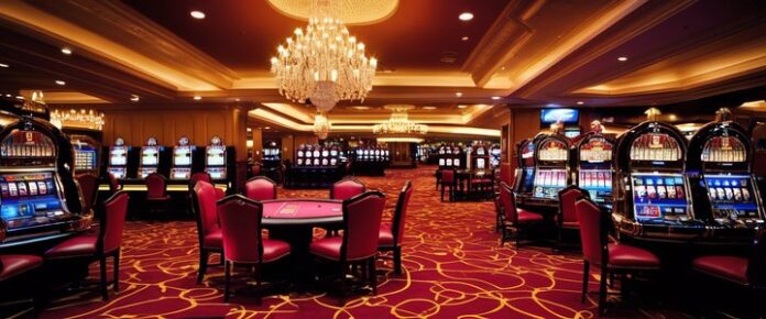 Poker players competing at a European casino tournament table.