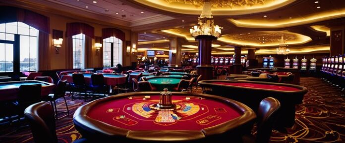 Poker players competing at a casino tournament table.