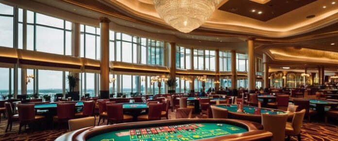 Poker players competing at a tournament table.