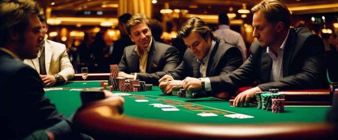 Poker players competing at a tournament table with cards and chips.