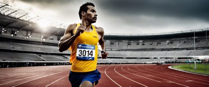 Rameshwar Munjal crossing finish line with medal.