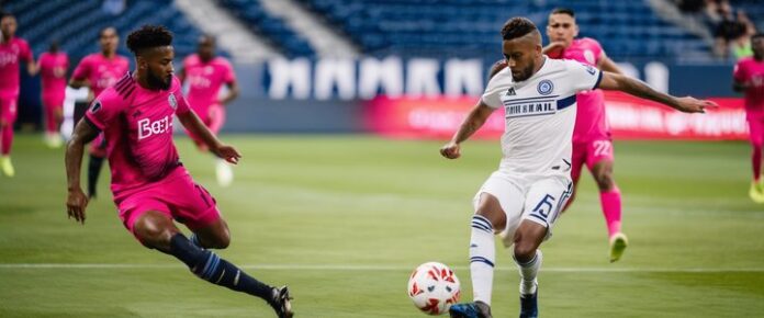 Soccer players competing on the field during a Concacaf Champions Cup match.