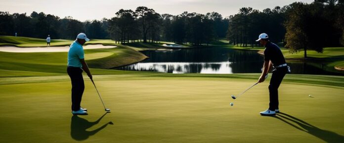 Three golfers on a green, each holding a club, with a pond in the background.