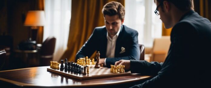 Three men in suits play chess on a large wooden table.