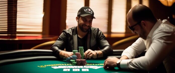 Three men sit at a green table, surrounded by stacks of poker chips.