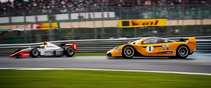 Three race cars on a track with a crowd in the background.