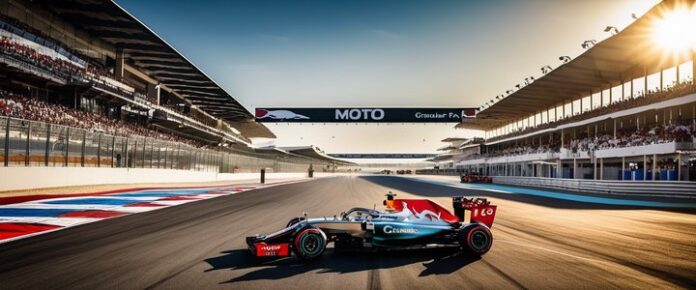 Two Formula One race cars on a racetrack, with grandstands and a clear blue sky.