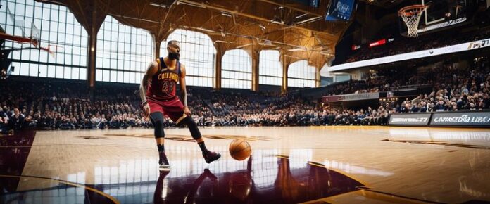 Two_basketball_players_one_in_a_red_uniform_and_the_other_in_a_black_uniform_are_engaged_in_a_game_o Two basketball players, one in a red uniform and the other in a black uniform, are engaged in a game on a court with a lig...