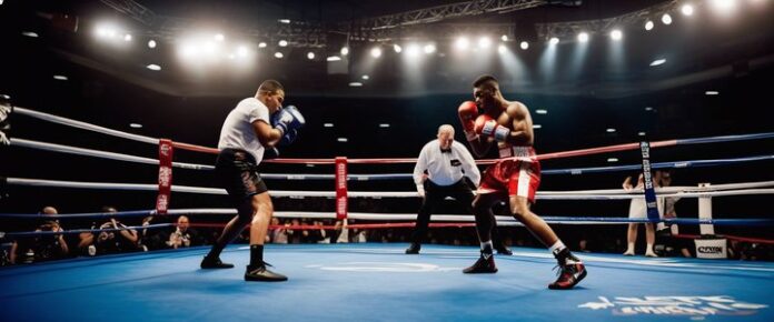 Two boxers in red and white shorts, facing off in a boxing ring with two referees and a crowd.