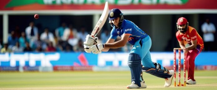 Two cricket players in action on a field, with one batting and the other fielding.