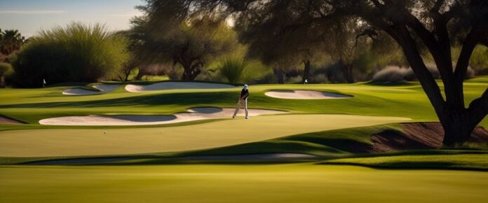 Two_golfers_on_a_golf_course_with_sand_traps_and_trees Two golfers on a golf course with sand traps and trees.