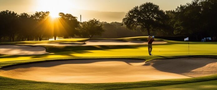 Two golfers on a golf course with sand traps and trees in the background.