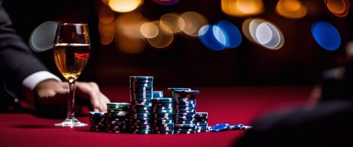 Two people sit at a table with stacks of poker chips and glasses of champagne.