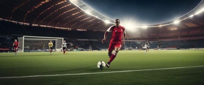 Two soccer players in red uniforms running on a green field, kicking a soccer ball.