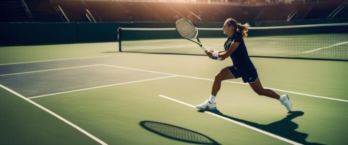 Alcaraz in action on tennis court, serving after injury recovery.