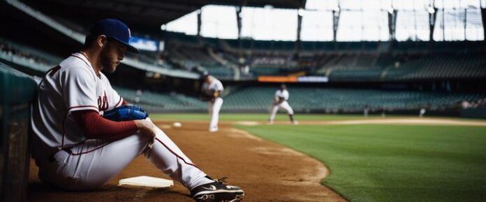 Angels' Joyce on field with trainer, injured, during game.