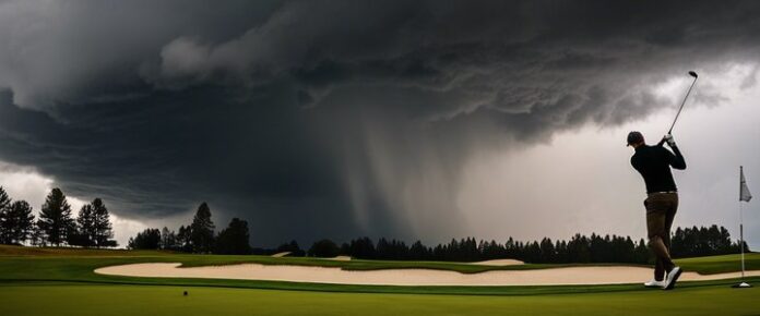 Anirban Lahiri lines up a putt during LIV golf event.