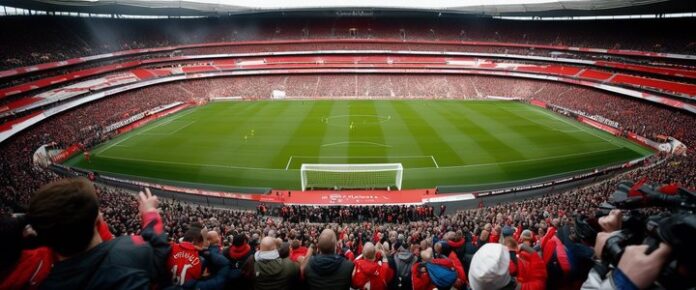 Arsenal player signing contract with club officials nearby.