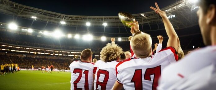 Barcelona players celebrating with trophy after winning championship match