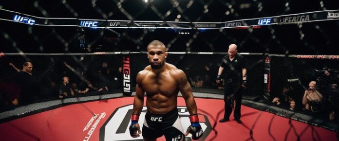 Belal Muhammad speaking to media at UFC event, looking focused.