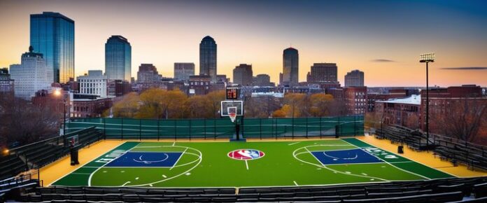 Boston_Celtics_players_gathered_on_the_court_during_a_game Boston Celtics players gathered on the court during a game.