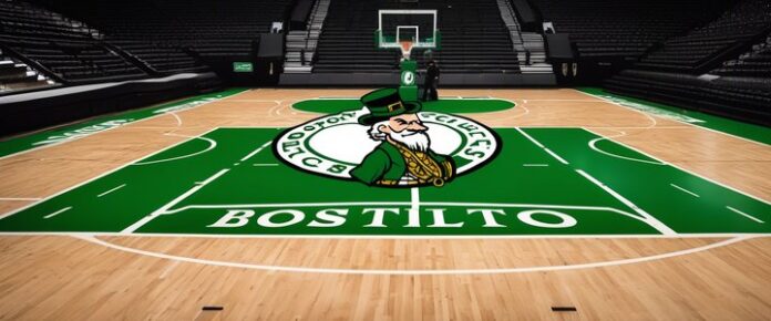 Boston Celtics players in action on historic parquet floor.