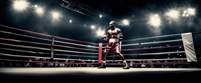 Boxer throwing punch in championship match.