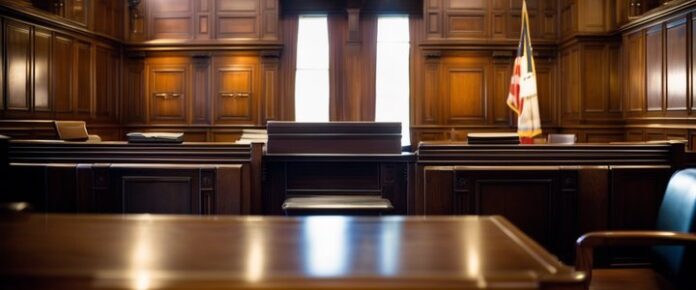 Brett Favre in a courtroom, testifying in defamation lawsuit proceedings.