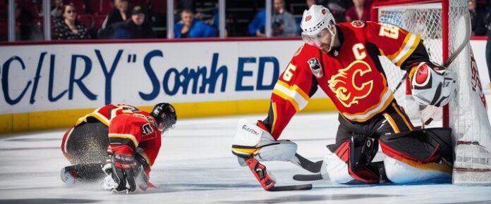 Calgary Flames defenseman Rasmus Andersson in action on the ice.